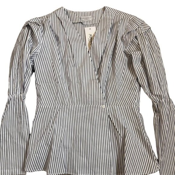 Harshman XS Marcela Stripe Puff-sleeve Peplum Wrap Blouse Navy NWT MSRP $192 - Picture 3 of 9